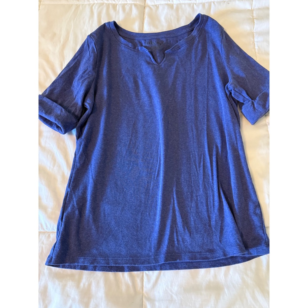 Ellen Tracy Blue Heathered Split Neck Cuffed Short Sleeve Top Large
